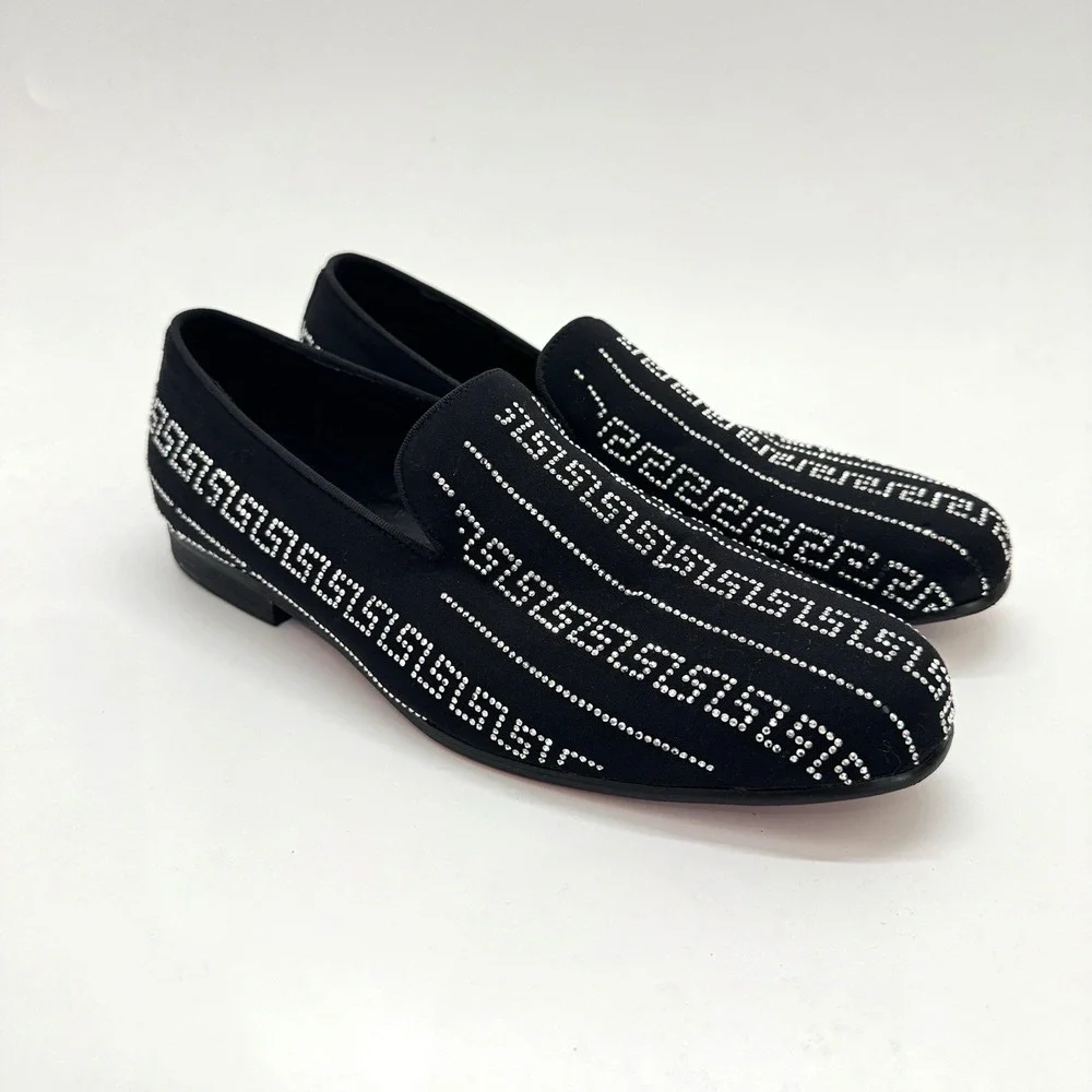 Barabas Men's Sz 8 Rhinestone Greek Key Pattern Slip On Loafers Black Silver